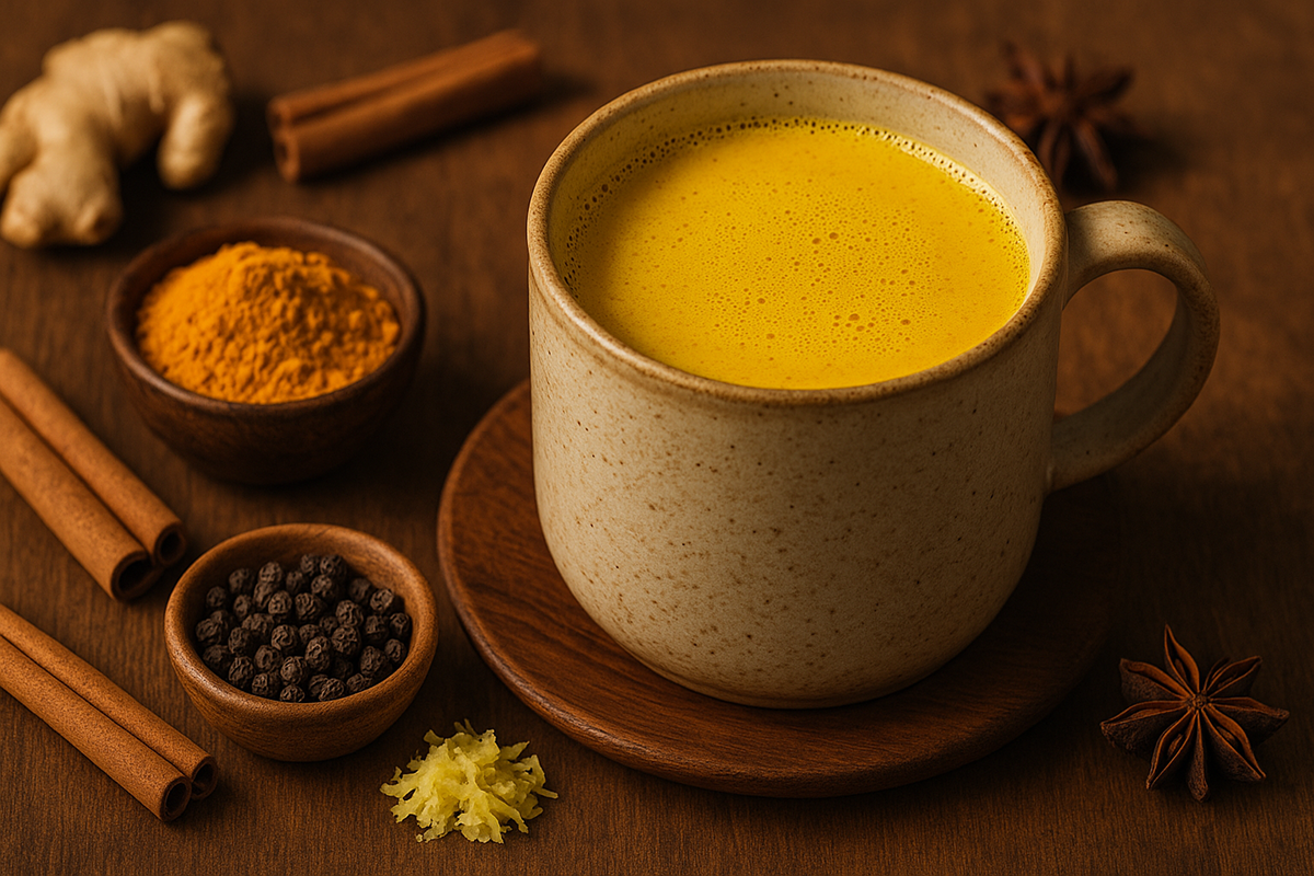 Wärmende Goldene Milch mit Kurkuma, Pfeffer, Zimt und Ingwer – perfekt für den Abend.
