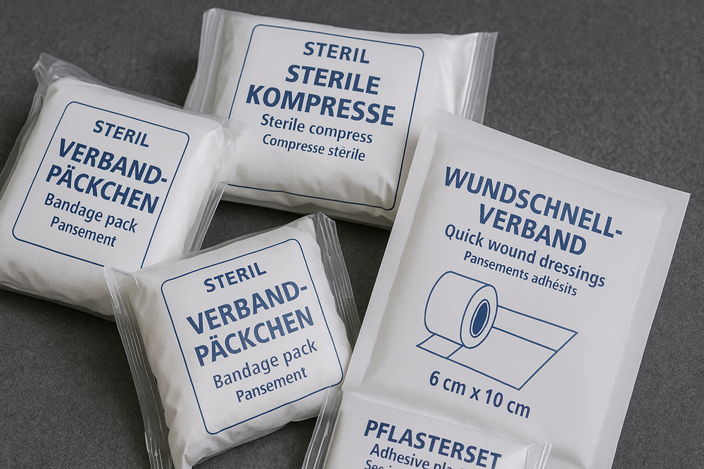 Kompressen und sterile Verbände in einem Auto Verbandskasten